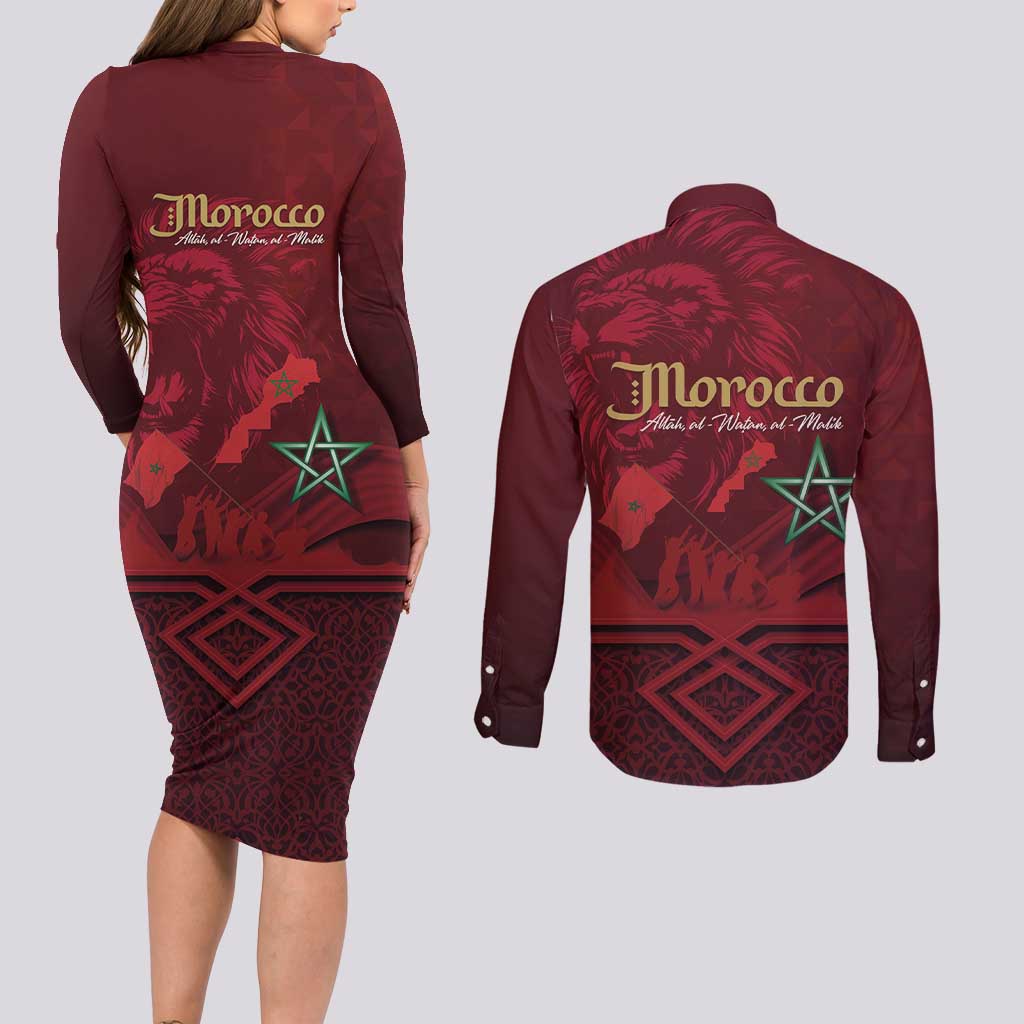 Happy Morocco Proclamation Day Couples Matching Long Sleeve Bodycon Dress and Long Sleeve Button Shirt Barbary Lion's Roar - Fight for Peace and Freedom - Wonder Print Shop