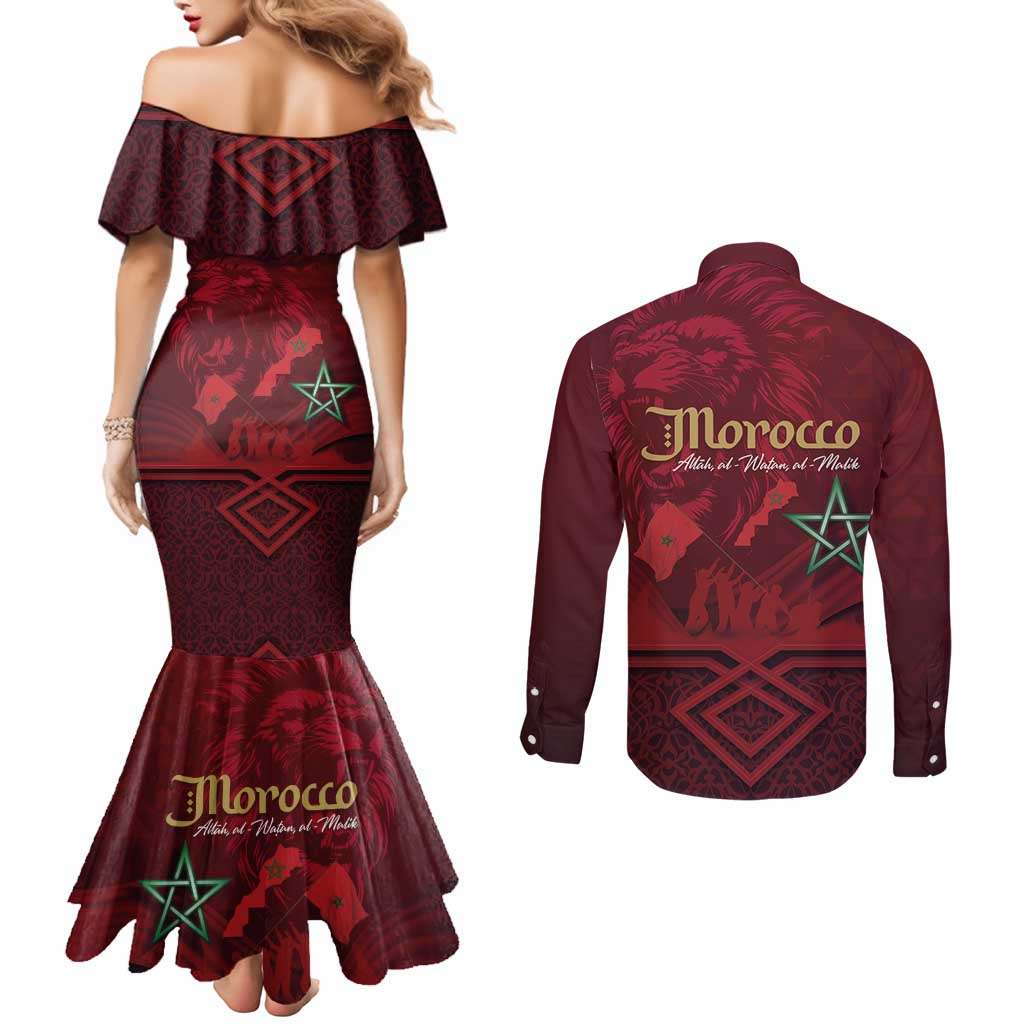 Happy Morocco Proclamation Day Couples Matching Mermaid Dress and Long Sleeve Button Shirt Barbary Lion's Roar - Fight for Peace and Freedom