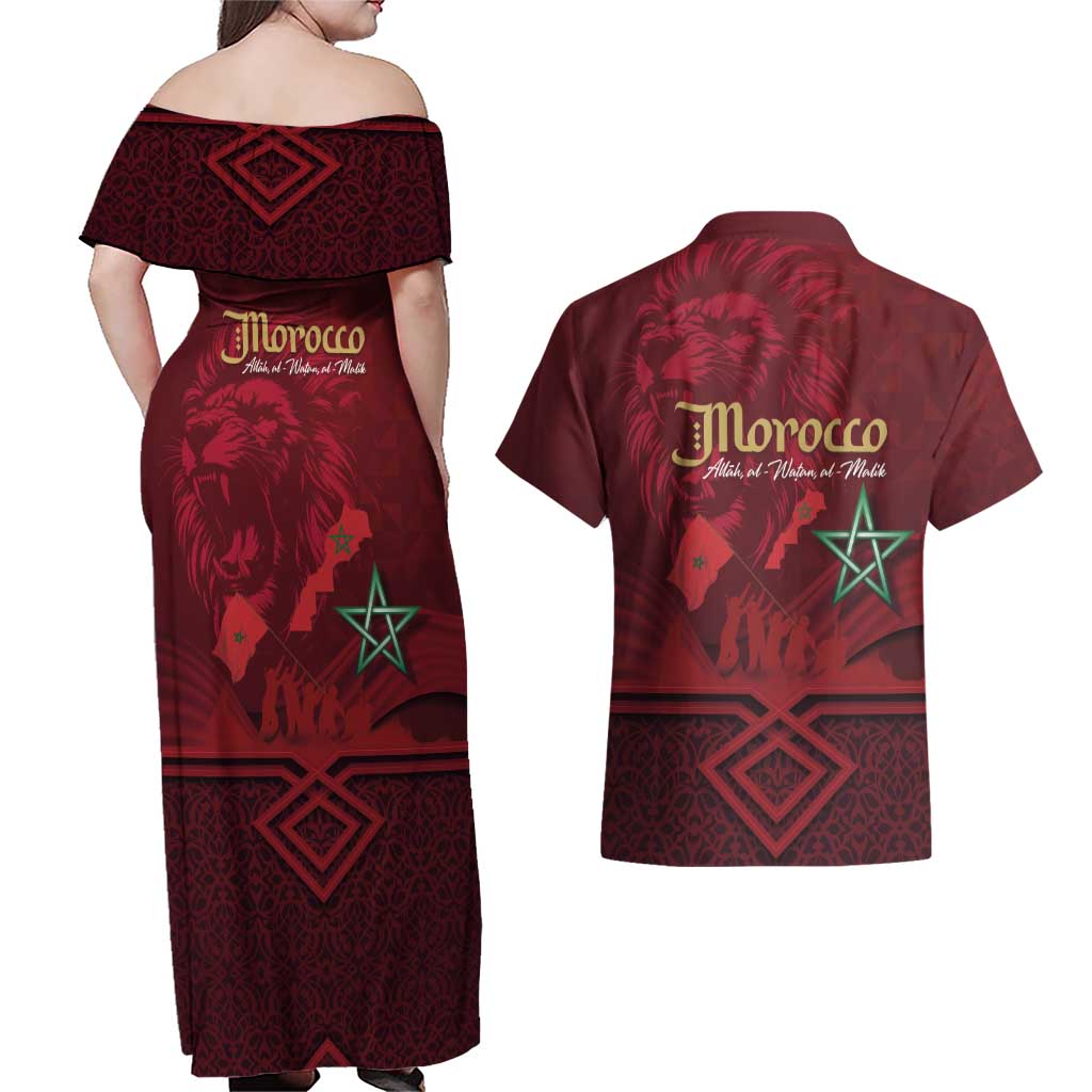 Happy Morocco Proclamation Day Couples Matching Off Shoulder Maxi Dress and Hawaiian Shirt Barbary Lion's Roar - Fight for Peace and Freedom - Wonder Print Shop