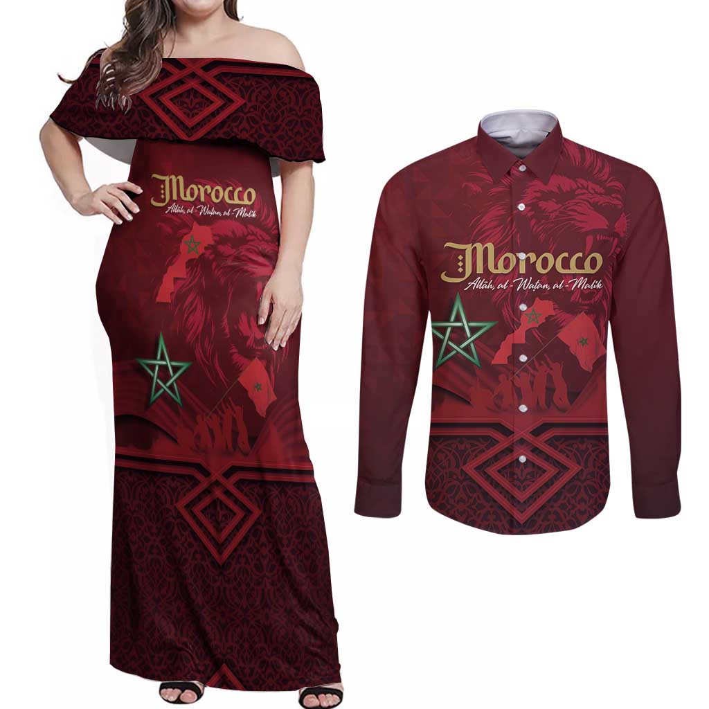 Happy Morocco Proclamation Day Couples Matching Off Shoulder Maxi Dress and Long Sleeve Button Shirt Barbary Lion's Roar - Fight for Peace and Freedom - Wonder Print Shop