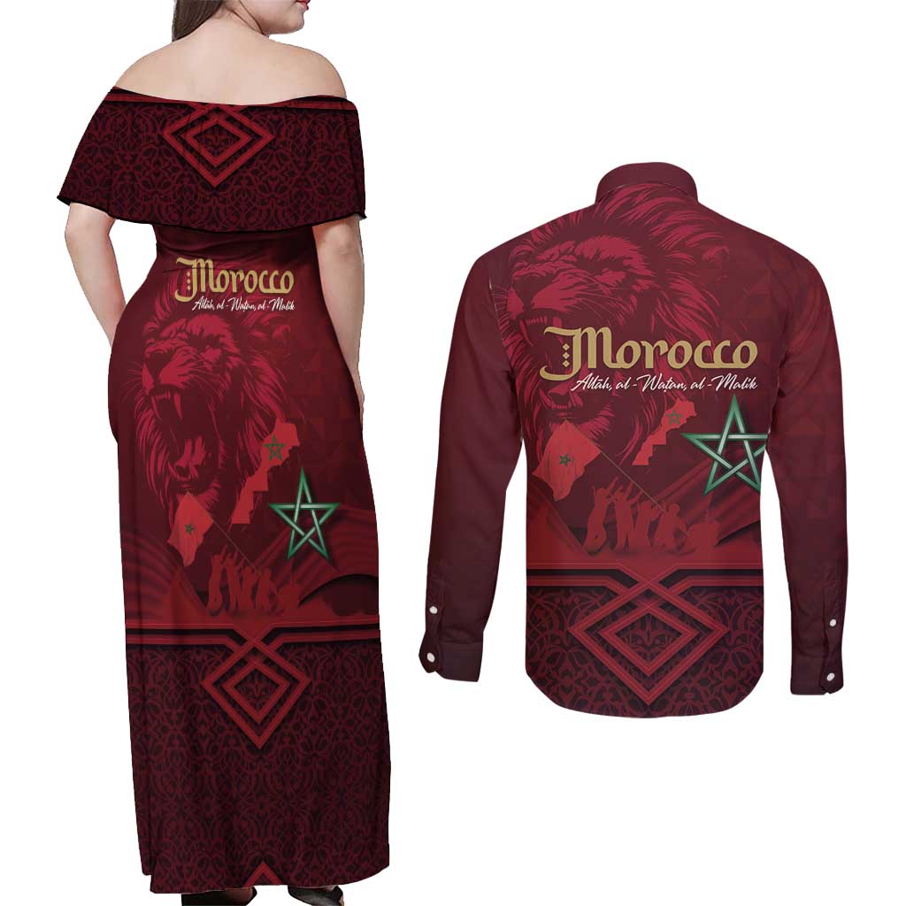 Happy Morocco Proclamation Day Couples Matching Off Shoulder Maxi Dress and Long Sleeve Button Shirt Barbary Lion's Roar - Fight for Peace and Freedom - Wonder Print Shop