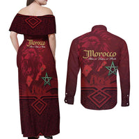 Happy Morocco Proclamation Day Couples Matching Off Shoulder Maxi Dress and Long Sleeve Button Shirt Barbary Lion's Roar - Fight for Peace and Freedom - Wonder Print Shop