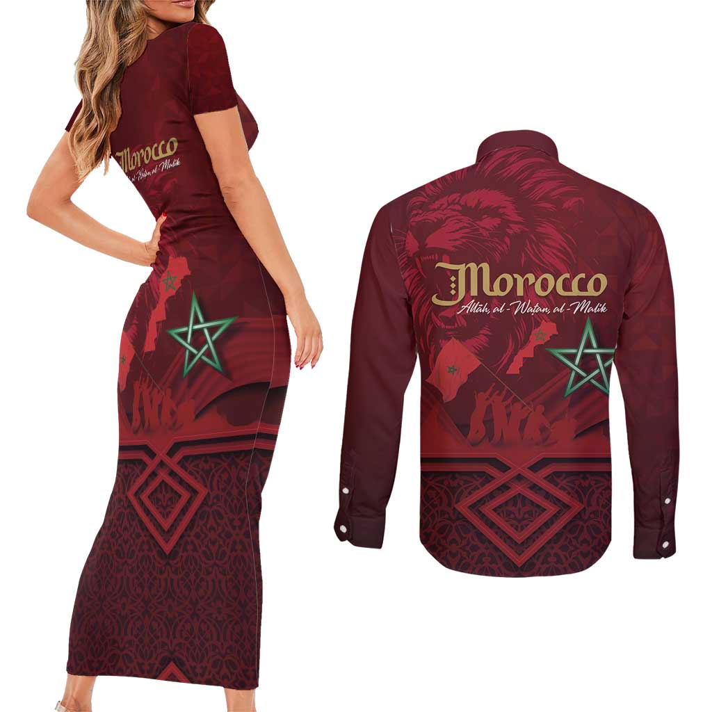 Happy Morocco Proclamation Day Couples Matching Short Sleeve Bodycon Dress and Long Sleeve Button Shirt Barbary Lion's Roar - Fight for Peace and Freedom - Wonder Print Shop