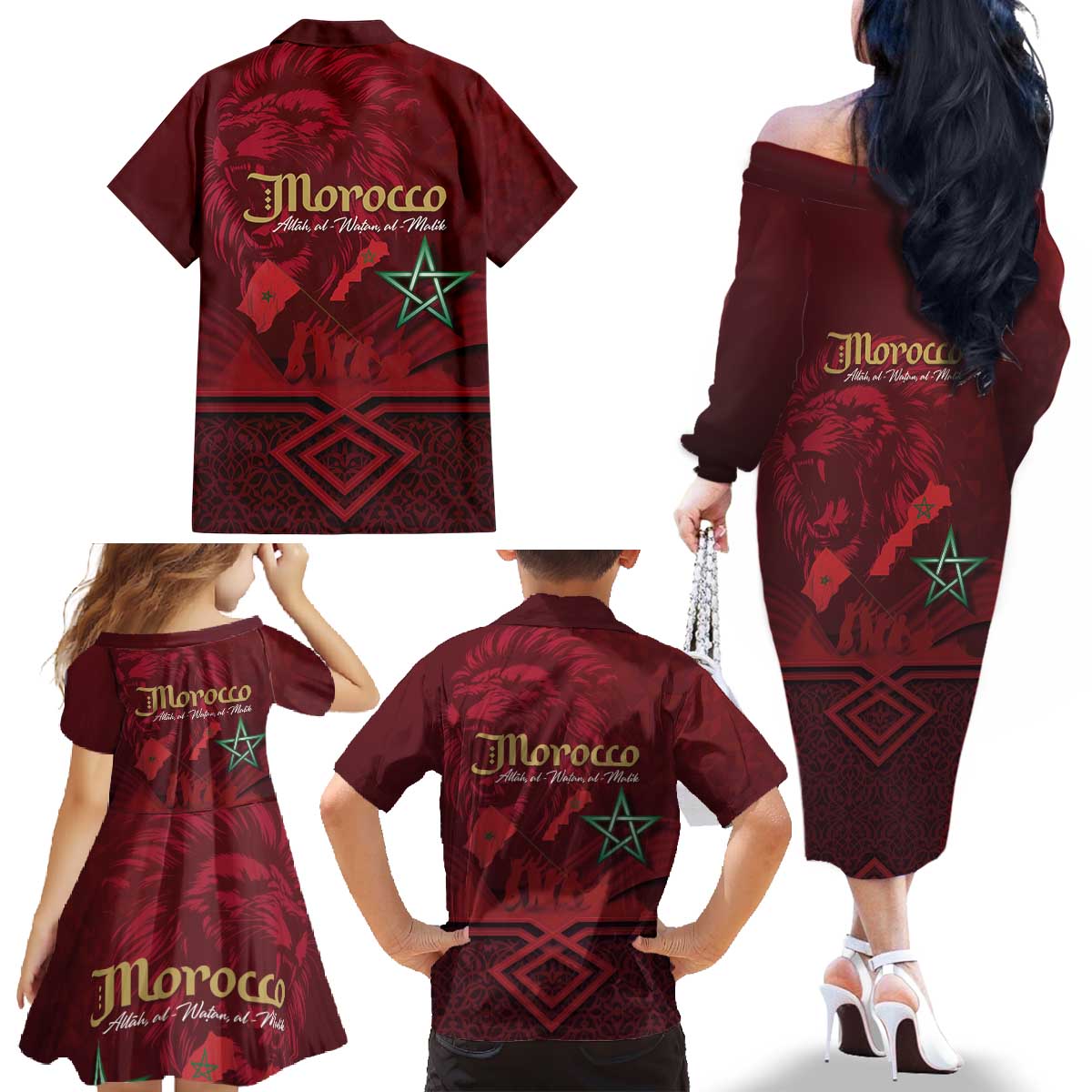 Happy Morocco Proclamation Day Family Matching Off The Shoulder Long Sleeve Dress and Hawaiian Shirt Barbary Lion's Roar - Fight for Peace and Freedom - Wonder Print Shop