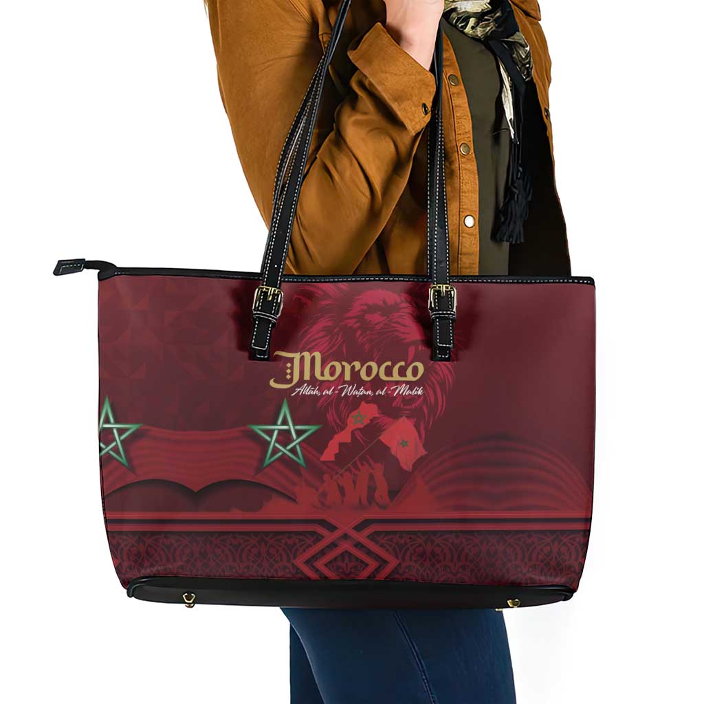 Happy Morocco Proclamation Day Leather Tote Bag Barbary Lion's Roar - Fight for Peace and Freedom - Wonder Print Shop