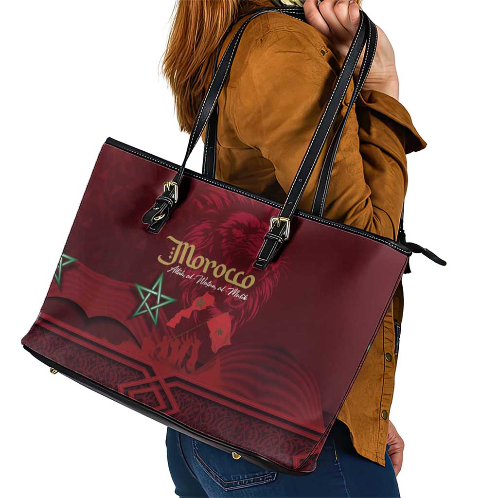 Happy Morocco Proclamation Day Leather Tote Bag Barbary Lion's Roar - Fight for Peace and Freedom - Wonder Print Shop