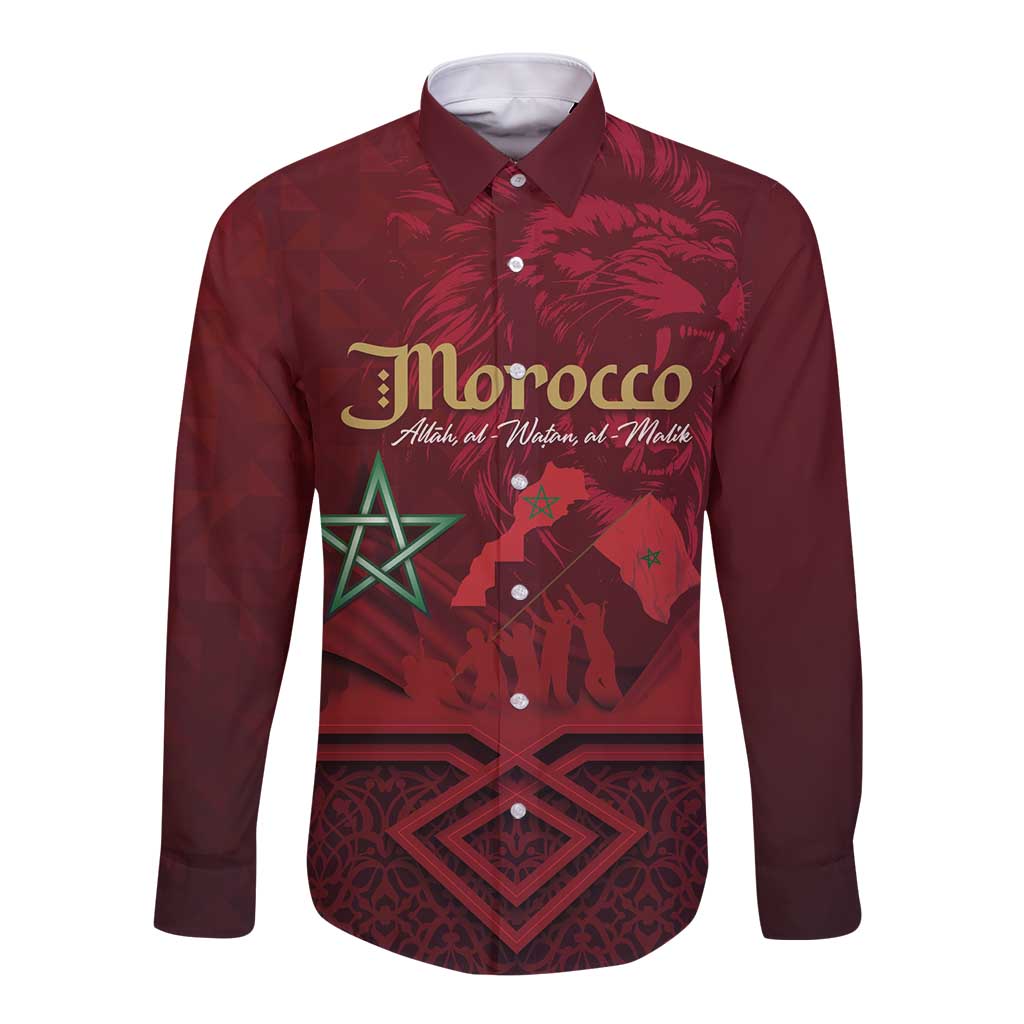Happy Morocco Proclamation Day Long Sleeve Button Shirt Barbary Lion's Roar - Fight for Peace and Freedom - Wonder Print Shop