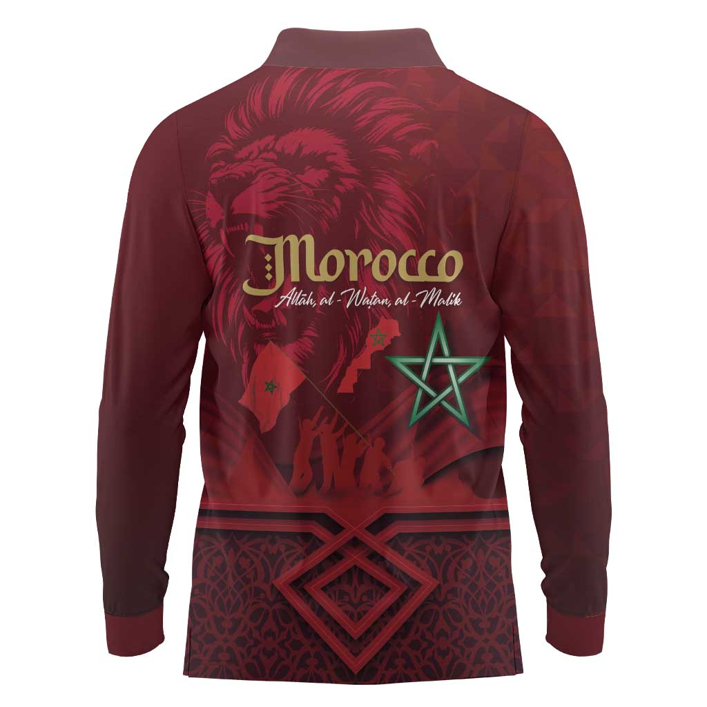 Happy Morocco Proclamation Day Long Sleeve Polo Shirt Barbary Lion's Roar - Fight for Peace and Freedom - Wonder Print Shop