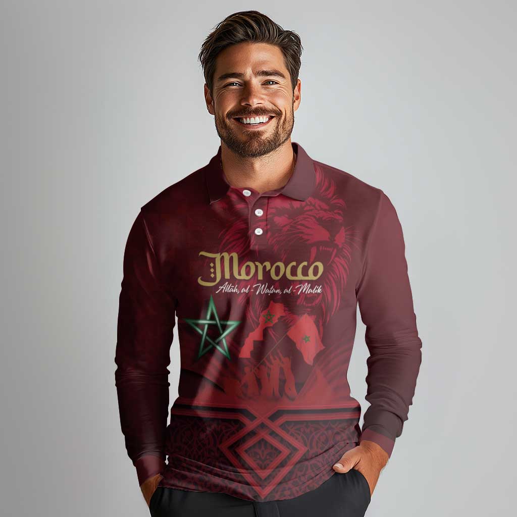 Happy Morocco Proclamation Day Long Sleeve Polo Shirt Barbary Lion's Roar - Fight for Peace and Freedom - Wonder Print Shop