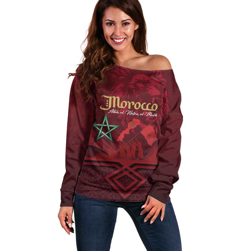 Happy Morocco Proclamation Day Off Shoulder Sweater Barbary Lion's Roar - Fight for Peace and Freedom - Wonder Print Shop