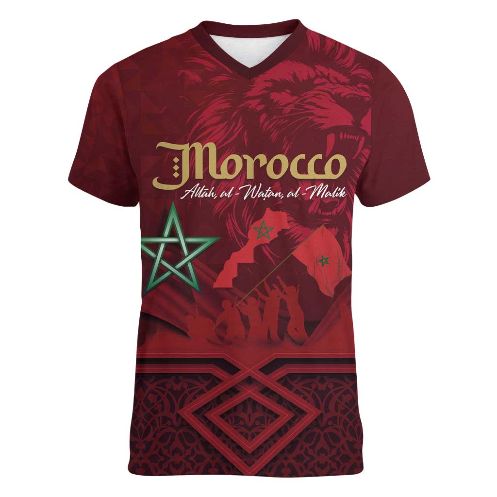 Happy Morocco Proclamation Day Women V-Neck T-Shirt Barbary Lion's Roar - Fight for Peace and Freedom - Wonder Print Shop