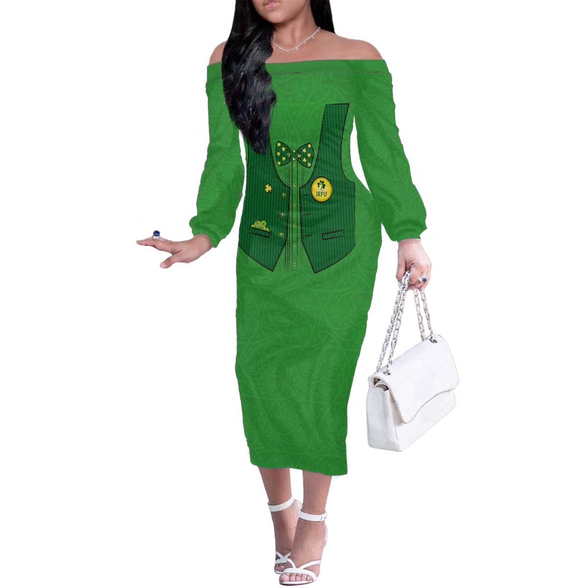 Custom Irish Rugby Family Matching Off The Shoulder Long Sleeve Dress and Hawaiian Shirt St Patrick's Day Style - Gilet Costume