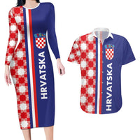 Croatia Hrvatska Checkerboard Half Style Couples Matching Long Sleeve Bodycon Dress and Hawaiian Shirt