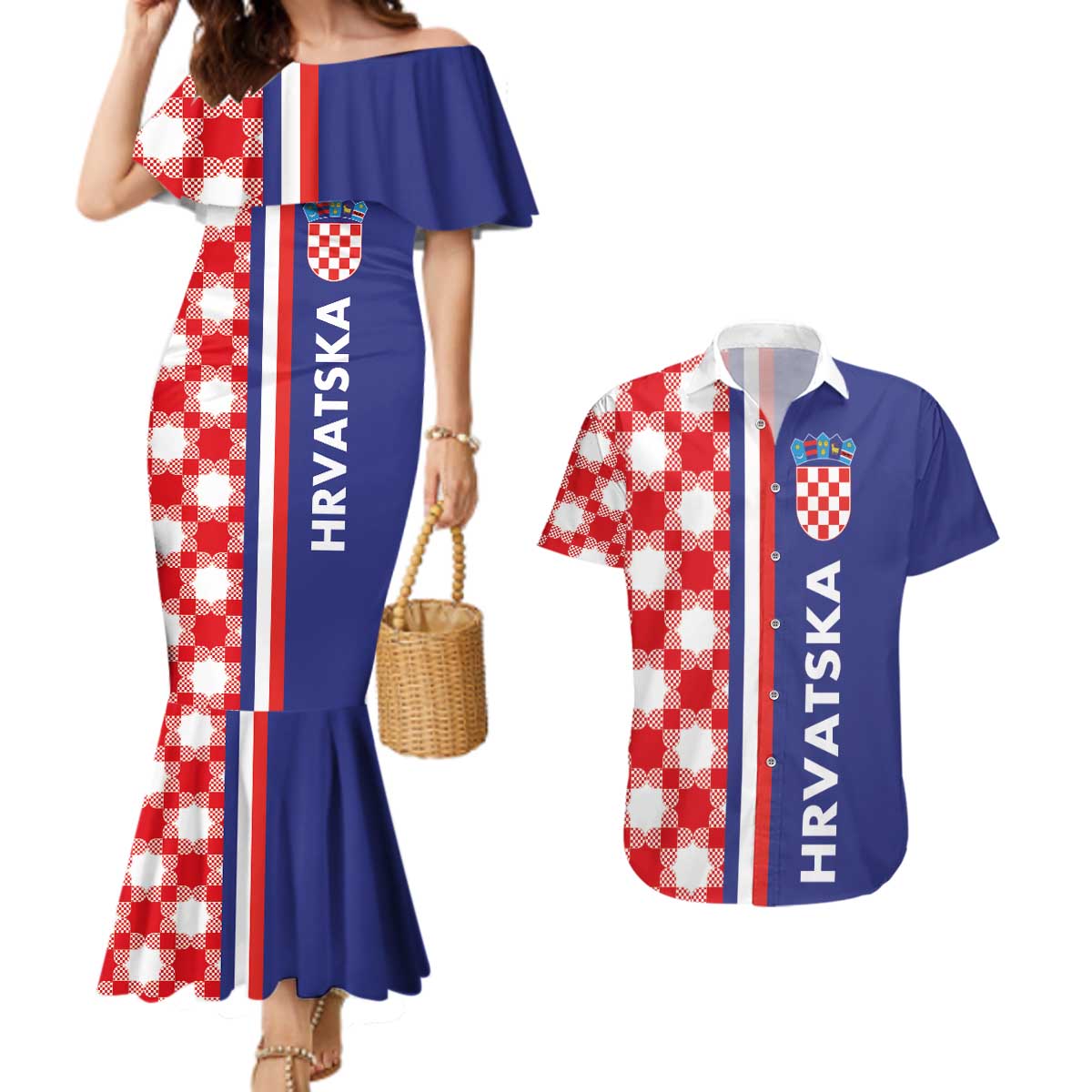 Croatia Hrvatska Checkerboard Half Style Couples Matching Mermaid Dress and Hawaiian Shirt