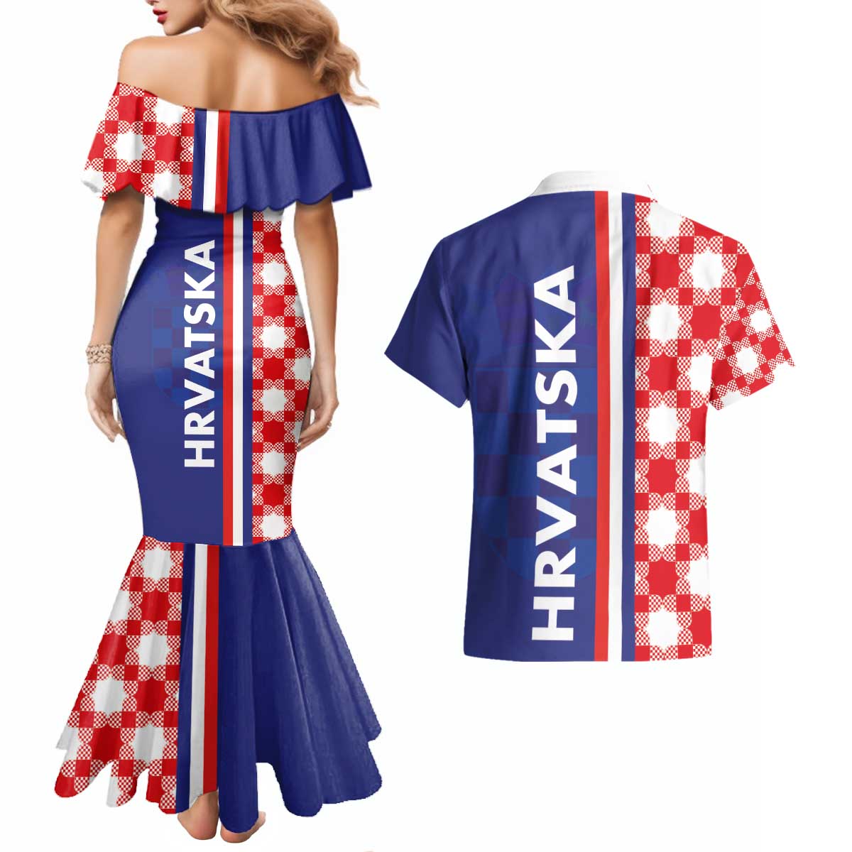 Croatia Hrvatska Checkerboard Half Style Couples Matching Mermaid Dress and Hawaiian Shirt