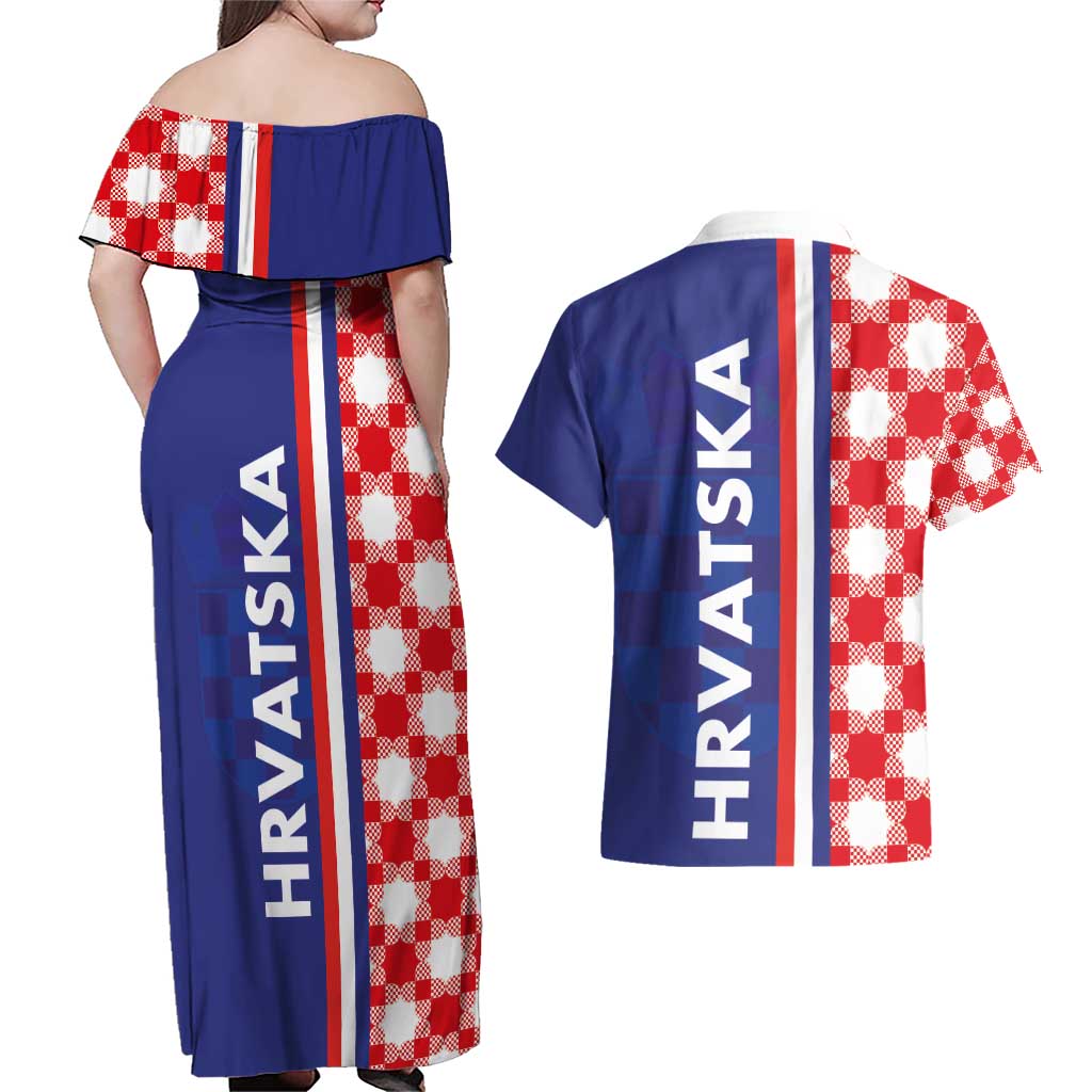 Croatia Hrvatska Checkerboard Half Style Couples Matching Off Shoulder Maxi Dress and Hawaiian Shirt