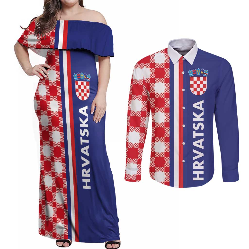 Croatia Hrvatska Checkerboard Half Style Couples Matching Off Shoulder Maxi Dress and Long Sleeve Button Shirt