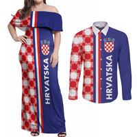 Croatia Hrvatska Checkerboard Half Style Couples Matching Off Shoulder Maxi Dress and Long Sleeve Button Shirt