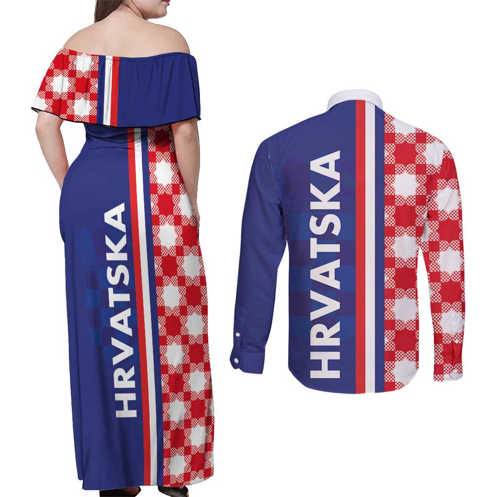 Croatia Hrvatska Checkerboard Half Style Couples Matching Off Shoulder Maxi Dress and Long Sleeve Button Shirt
