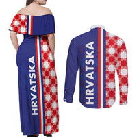 Croatia Hrvatska Checkerboard Half Style Couples Matching Off Shoulder Maxi Dress and Long Sleeve Button Shirt