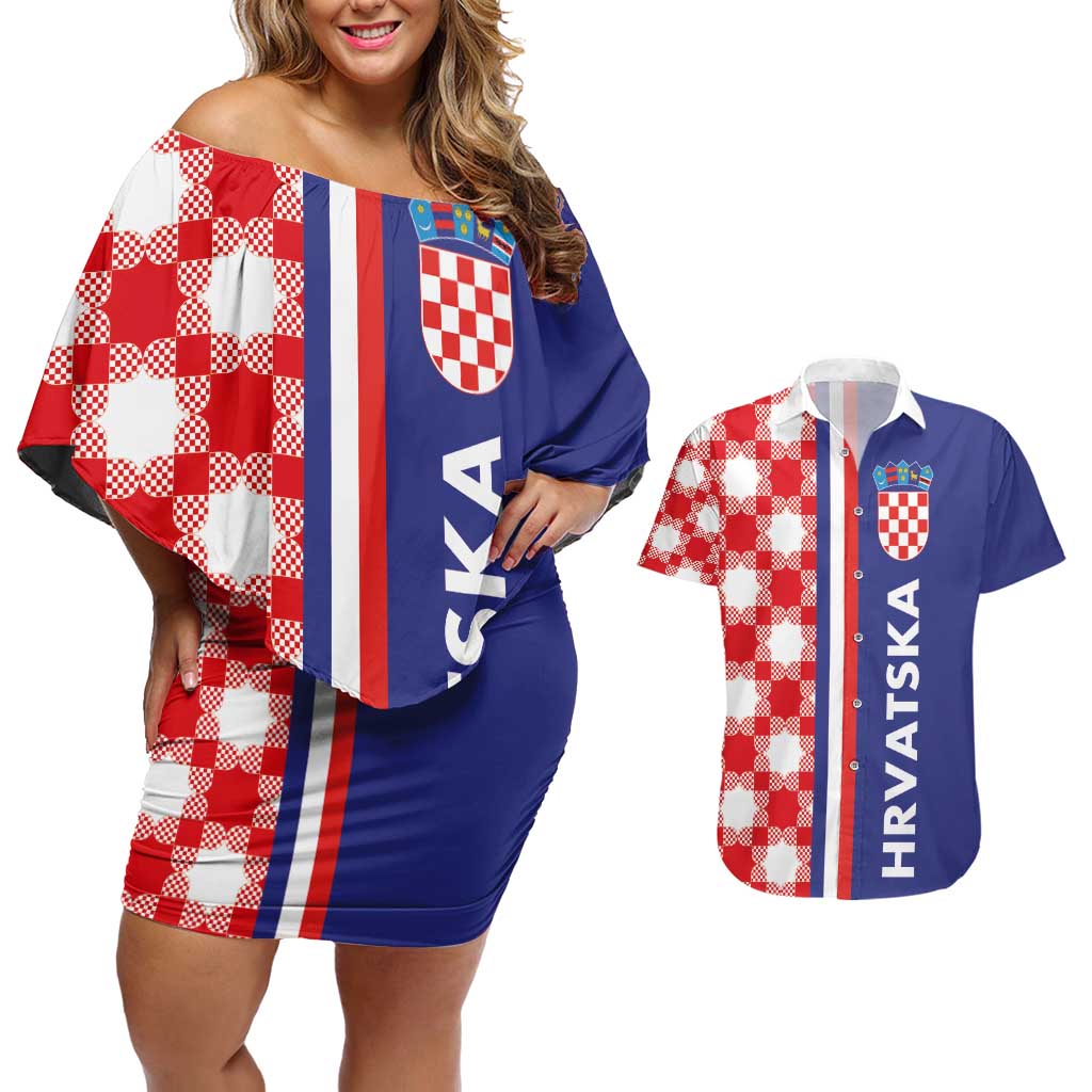 Croatia Hrvatska Checkerboard Half Style Couples Matching Off Shoulder Short Dress and Hawaiian Shirt