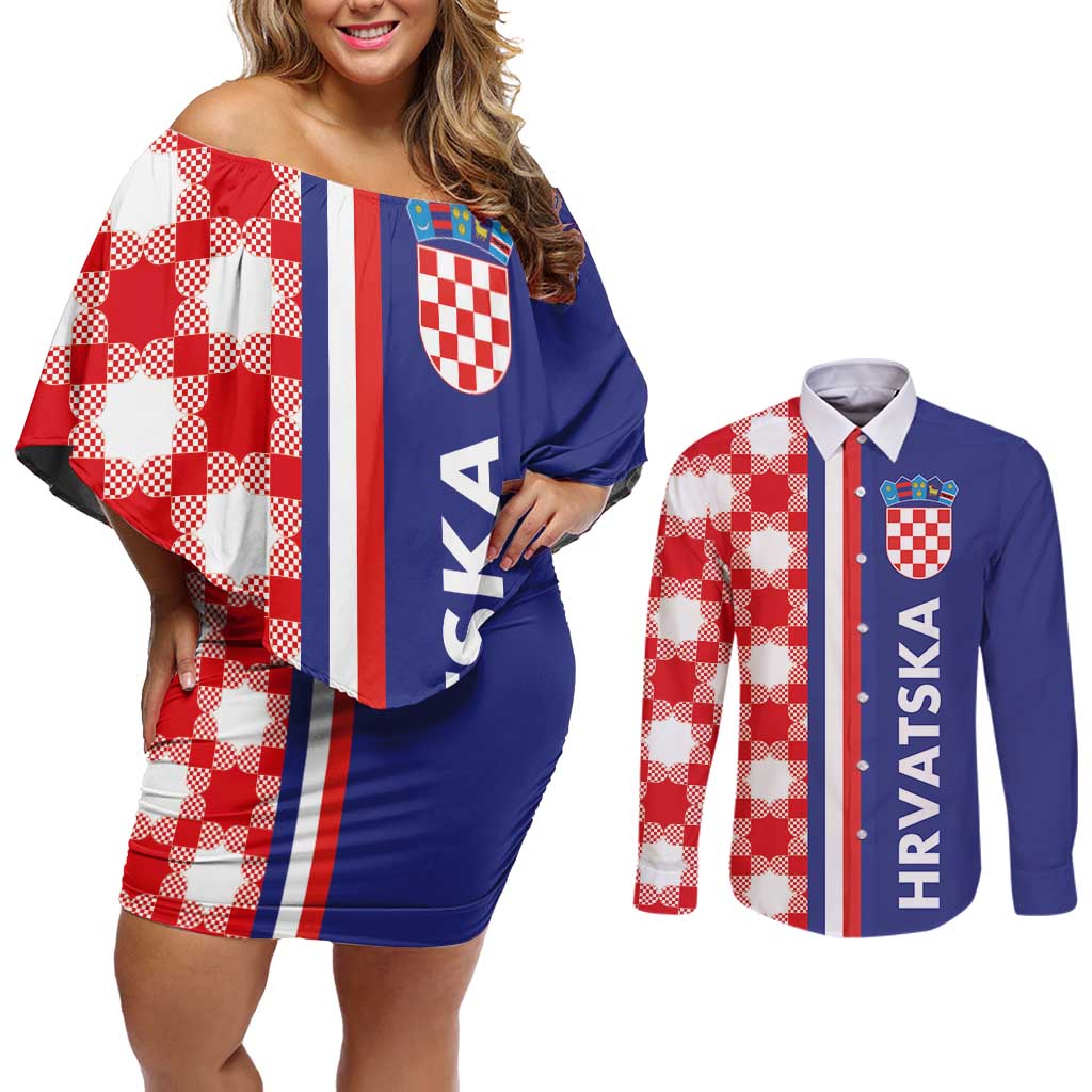 Croatia Hrvatska Checkerboard Half Style Couples Matching Off Shoulder Short Dress and Long Sleeve Button Shirt