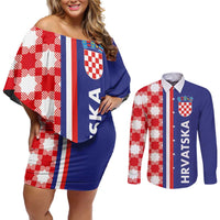 Croatia Hrvatska Checkerboard Half Style Couples Matching Off Shoulder Short Dress and Long Sleeve Button Shirt
