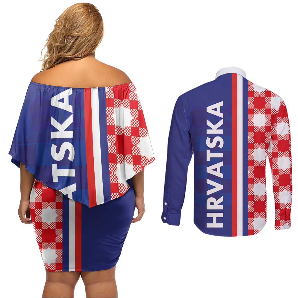 Croatia Hrvatska Checkerboard Half Style Couples Matching Off Shoulder Short Dress and Long Sleeve Button Shirt