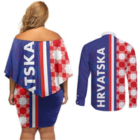 Croatia Hrvatska Checkerboard Half Style Couples Matching Off Shoulder Short Dress and Long Sleeve Button Shirt