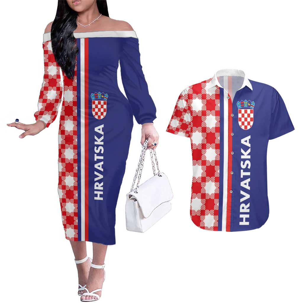 Croatia Hrvatska Checkerboard Half Style Couples Matching Off The Shoulder Long Sleeve Dress and Hawaiian Shirt