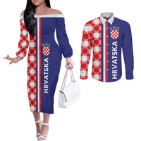 Croatia Hrvatska Checkerboard Half Style Couples Matching Off The Shoulder Long Sleeve Dress and Long Sleeve Button Shirt