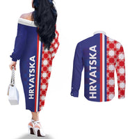 Croatia Hrvatska Checkerboard Half Style Couples Matching Off The Shoulder Long Sleeve Dress and Long Sleeve Button Shirt