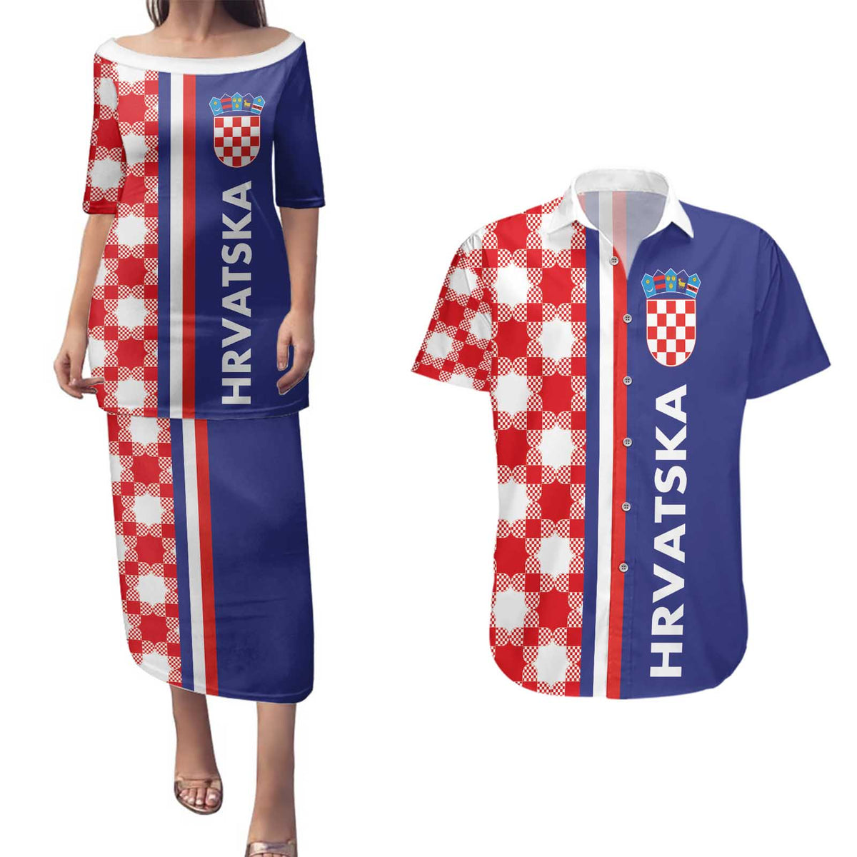 Croatia Hrvatska Checkerboard Half Style Couples Matching Puletasi and Hawaiian Shirt
