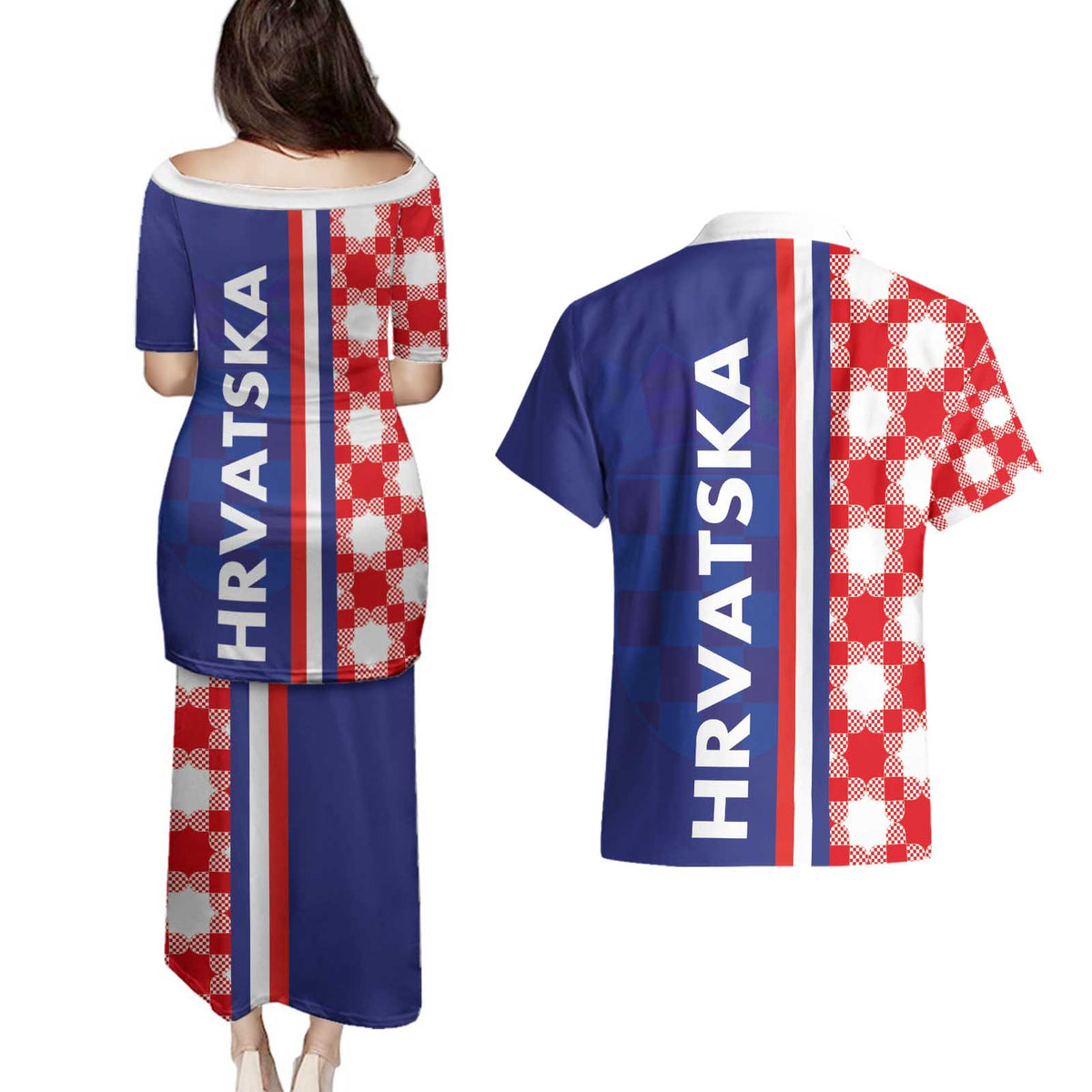 Croatia Hrvatska Checkerboard Half Style Couples Matching Puletasi and Hawaiian Shirt
