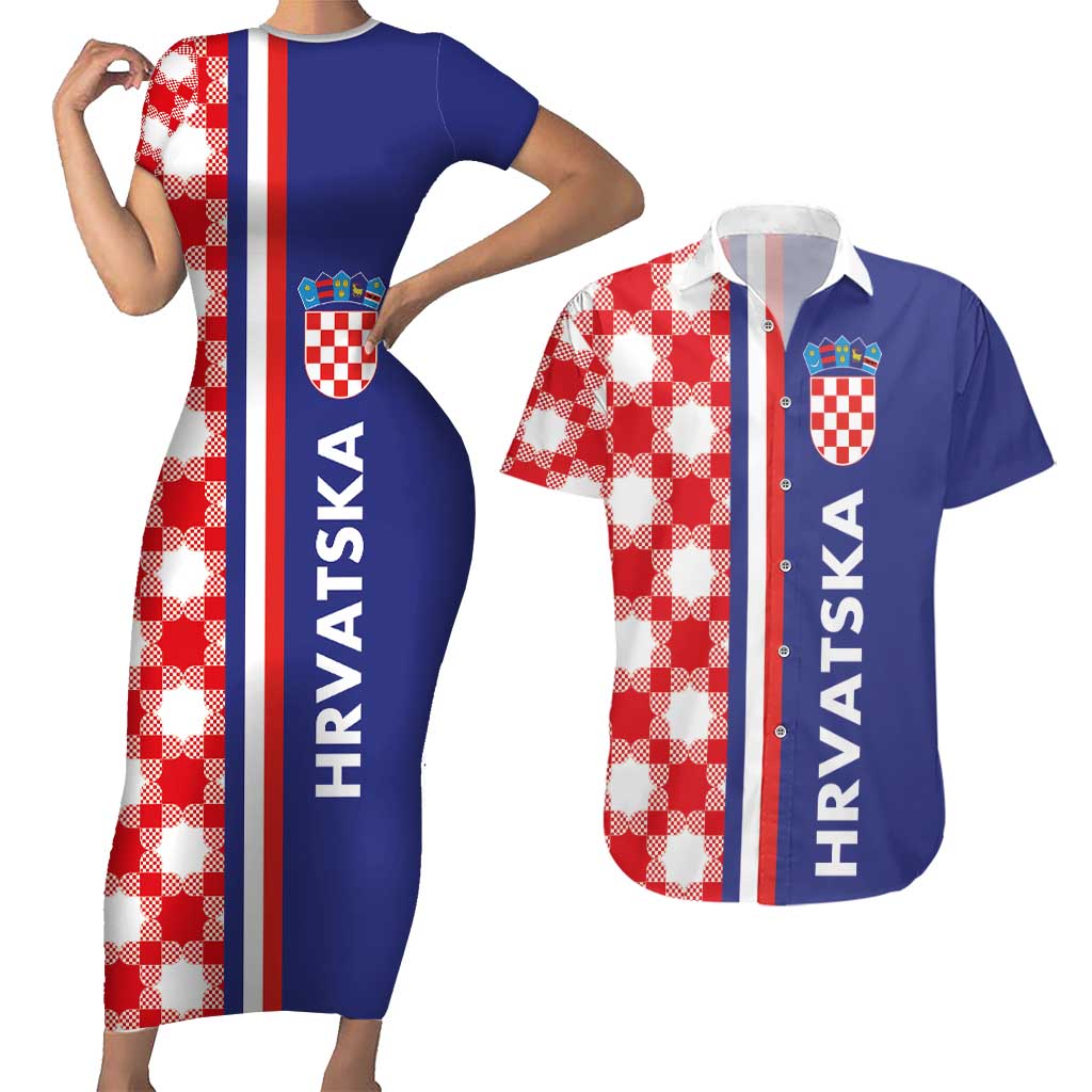 Croatia Hrvatska Checkerboard Half Style Couples Matching Short Sleeve Bodycon Dress and Hawaiian Shirt
