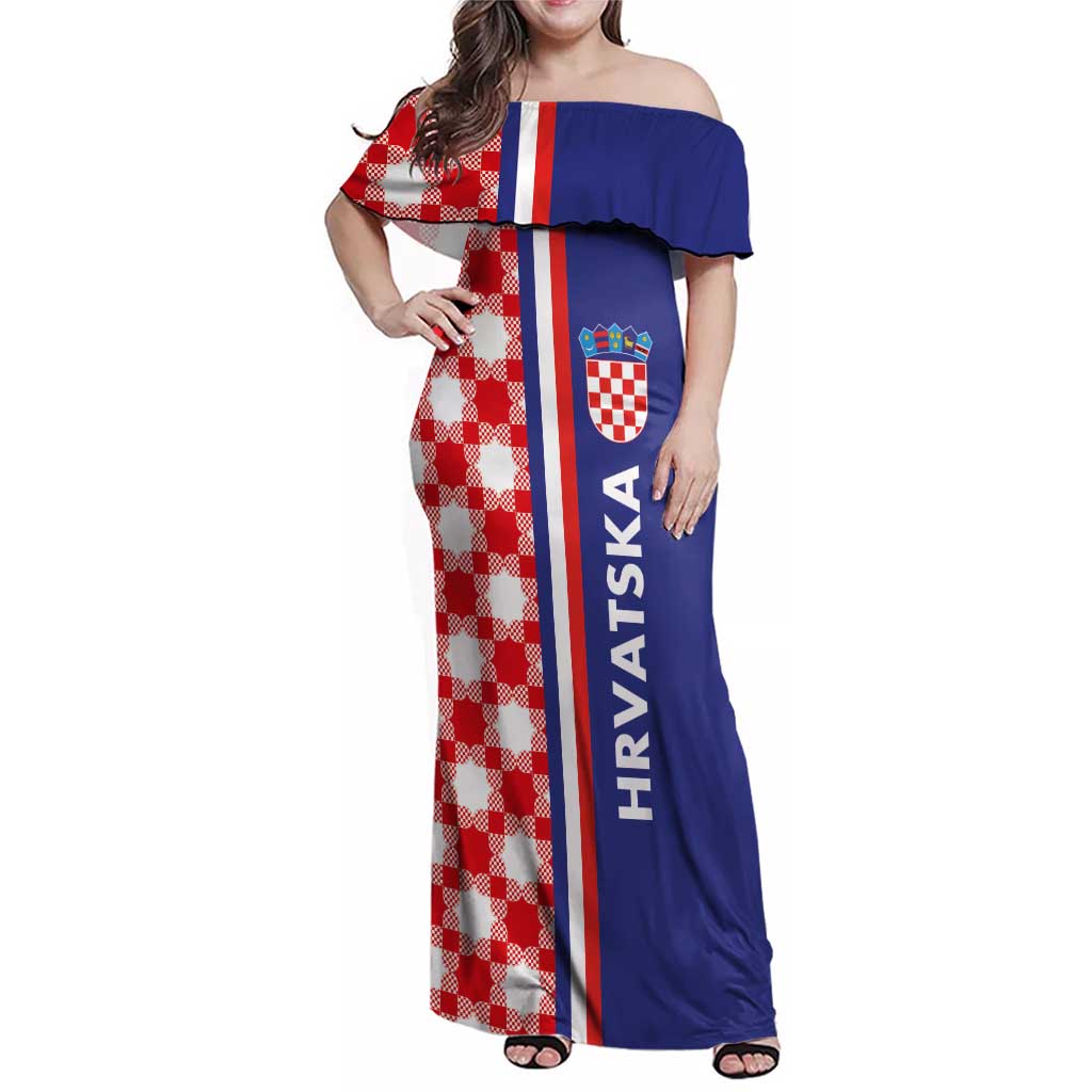 Croatia Hrvatska Checkerboard Half Style Family Matching Off Shoulder Maxi Dress and Hawaiian Shirt
