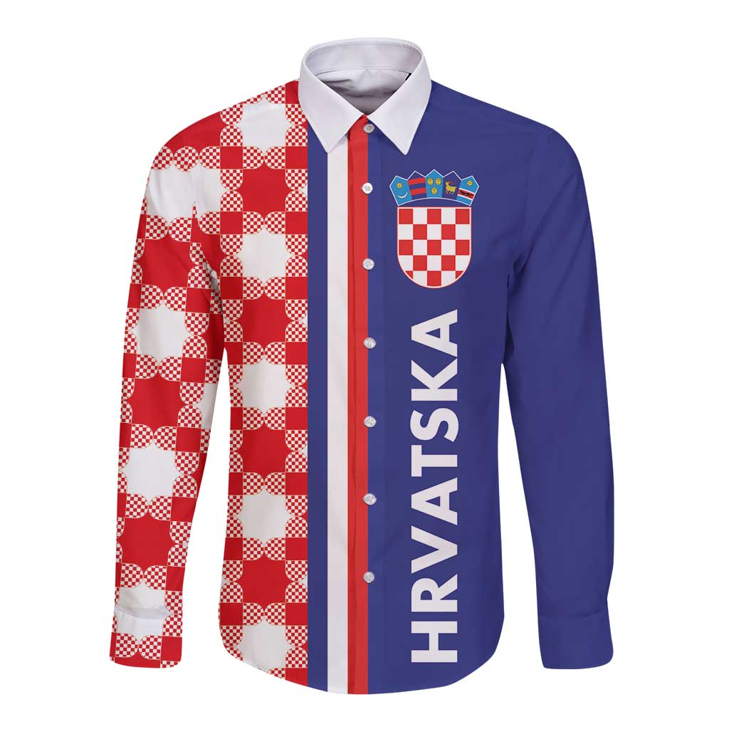 Croatia Hrvatska Checkerboard Half Style Long Sleeve Button Shirt