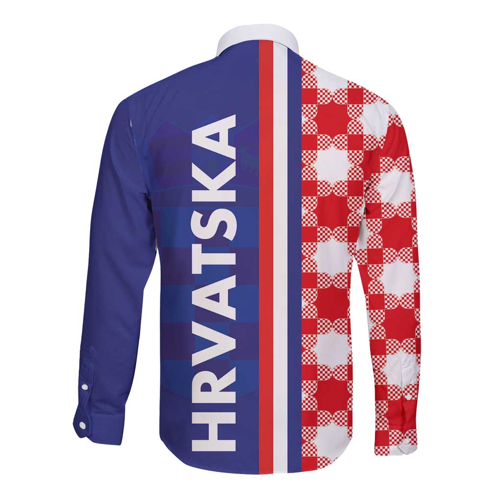 Croatia Hrvatska Checkerboard Half Style Long Sleeve Button Shirt