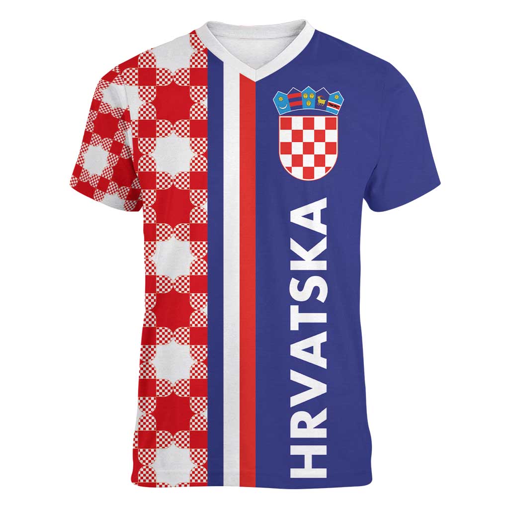 Croatia Hrvatska Checkerboard Half Style Women V-Neck T-Shirt - Wonder Print Shop