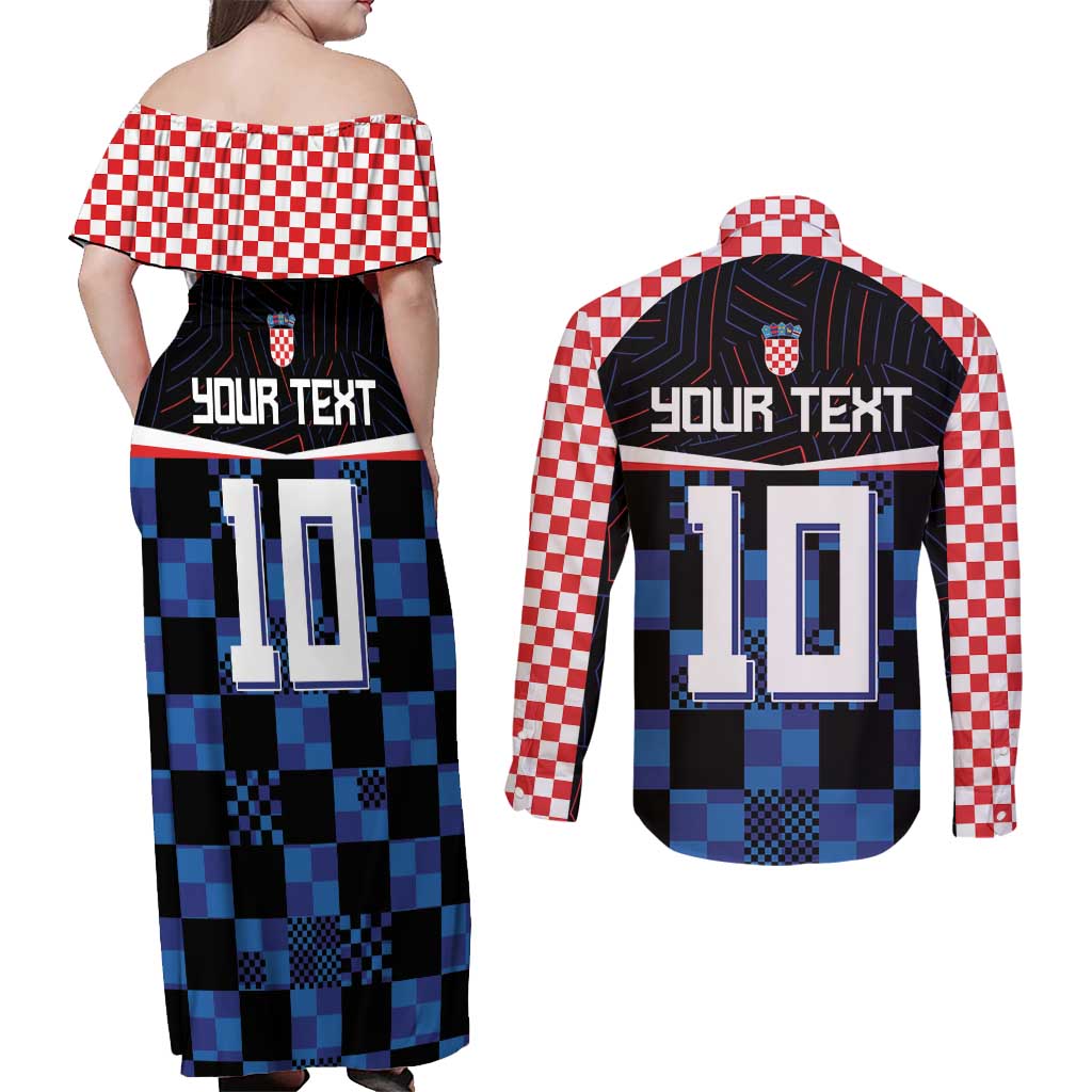 Custom Croatia Kockasti Football Jersey Couples Matching Off Shoulder Maxi Dress and Long Sleeve Button Shirt