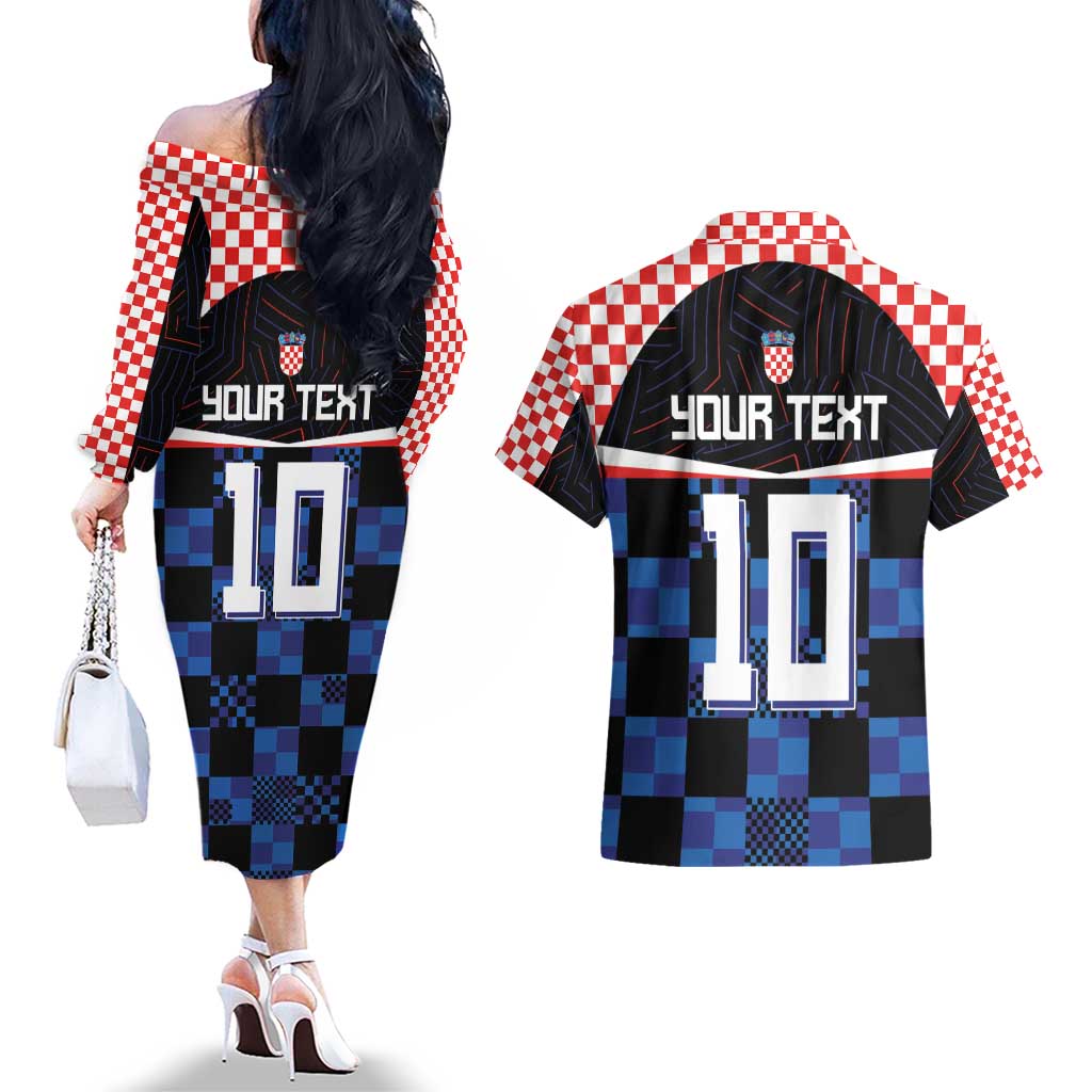 Custom Croatia Kockasti Football Jersey Couples Matching Off The Shoulder Long Sleeve Dress and Hawaiian Shirt