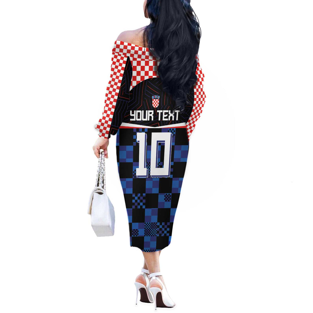 Custom Croatia Kockasti Football Jersey Off The Shoulder Long Sleeve Dress