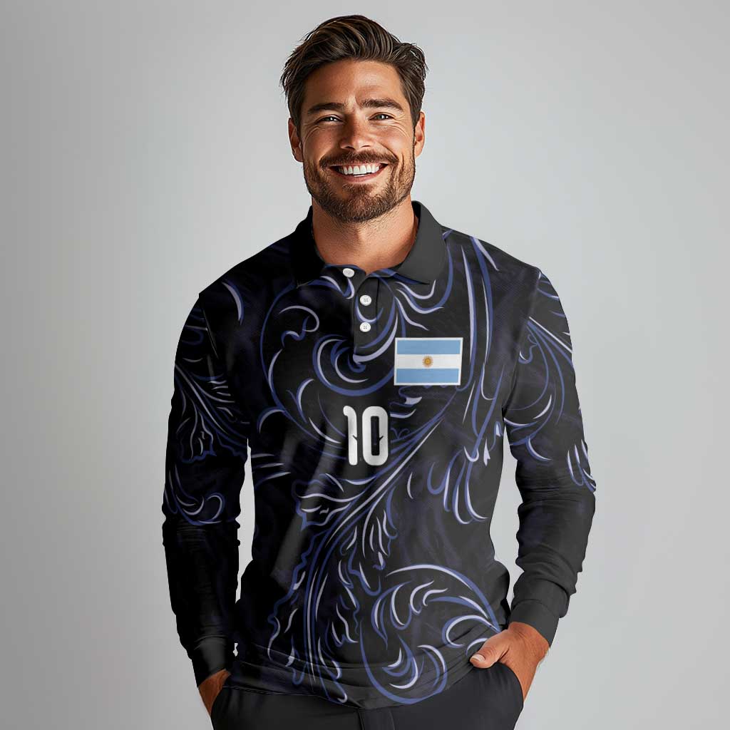 Custom Argentina Football Long Sleeve Polo Shirt Artistic Pattern-Paintings Inspired Black Color - Wonder Print Shop