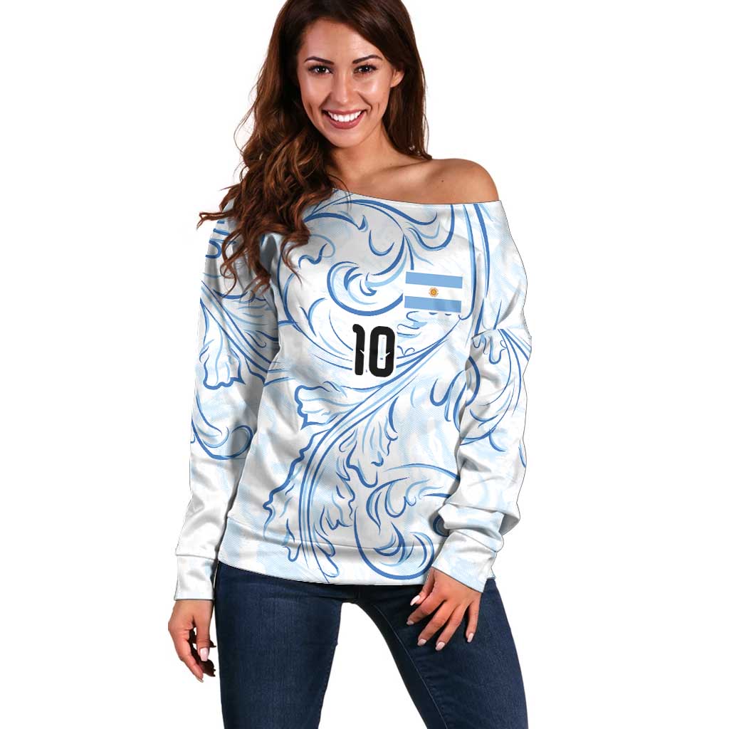 Custom Argentina Football Off Shoulder Sweater Artistic Pattern-Paintings Inspired White Color - Wonder Print Shop