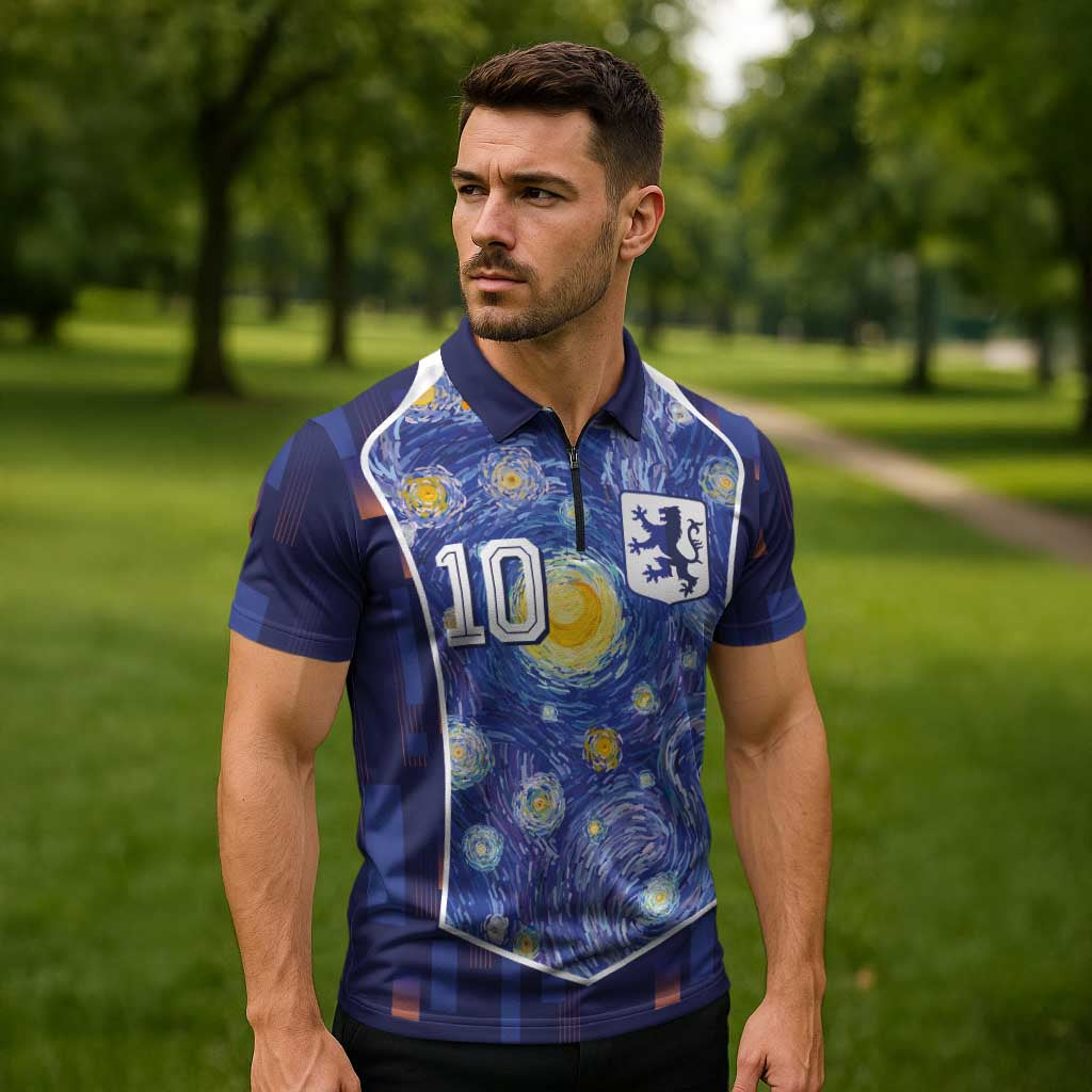 Custom Netherlands Football Zipper Polo Shirt Starry Night Inspired-Sporty Style - Wonder Print Shop