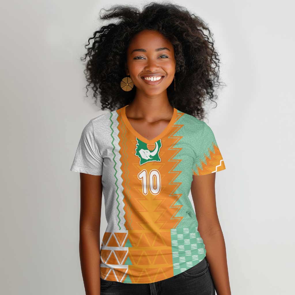 Custom Ivory Coast Football Women V-Neck T-Shirt Côte d'Ivoire-Tribal Sporty Style - Wonder Print Shop