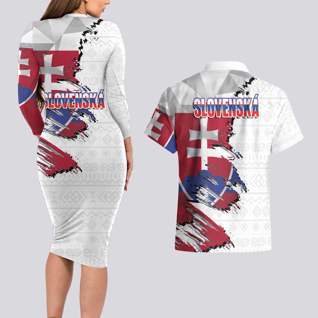 Slovakia Couples Matching Long Sleeve Bodycon Dress and Hawaiian Shirt Flag Grunge Half Style with Slovak Pattern