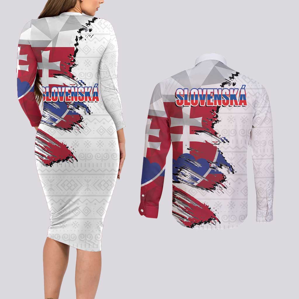 Slovakia Couples Matching Long Sleeve Bodycon Dress and Long Sleeve Button Shirt Flag Grunge Half Style with Slovak Pattern