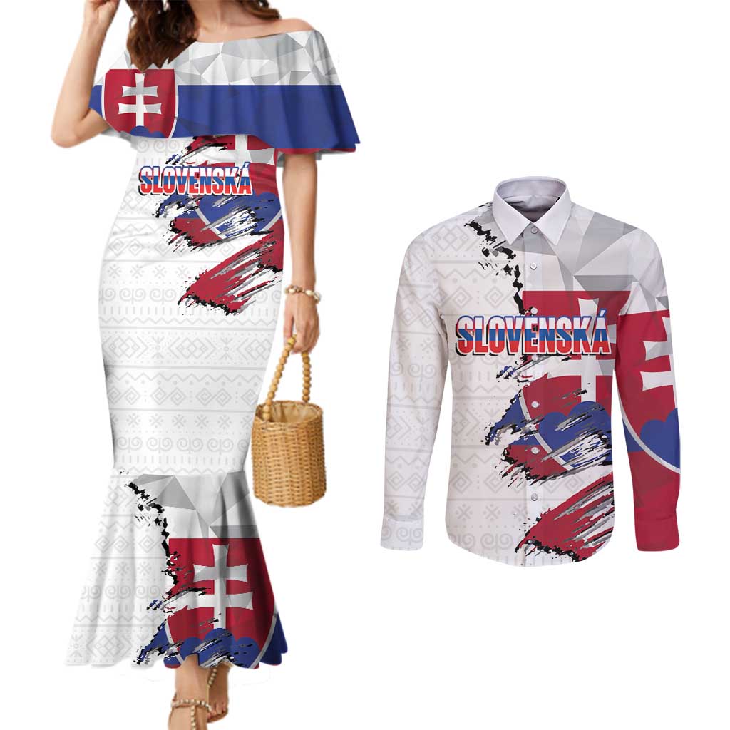 Slovakia Couples Matching Mermaid Dress and Long Sleeve Button Shirt Flag Grunge Half Style with Slovak Pattern