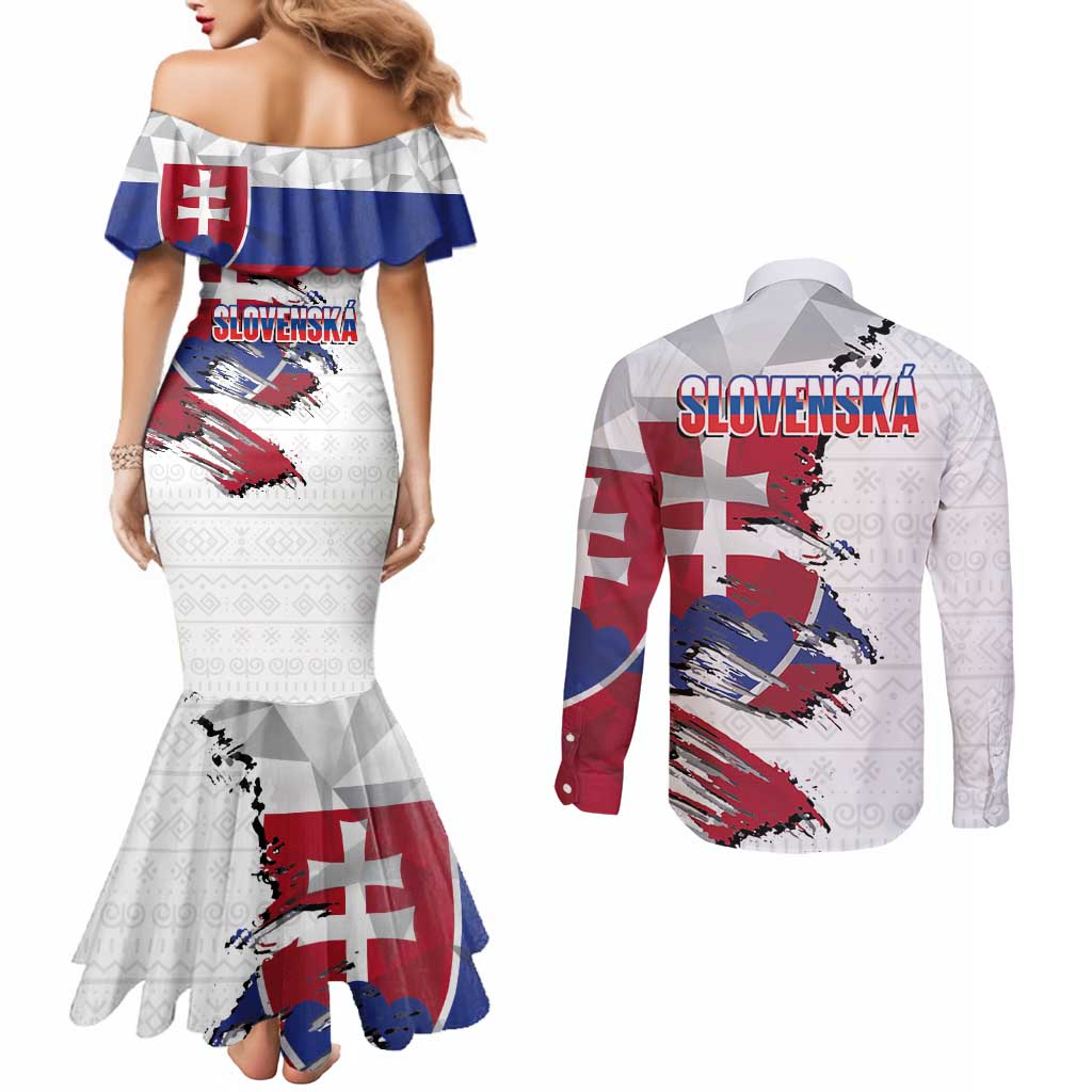 Slovakia Couples Matching Mermaid Dress and Long Sleeve Button Shirt Flag Grunge Half Style with Slovak Pattern